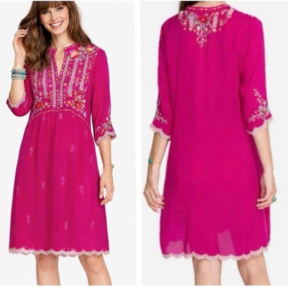 Johnny Was XS Fuchsia Embroidered Floral Boho Dress Sheer Silk Blend 3/4 Sleeve